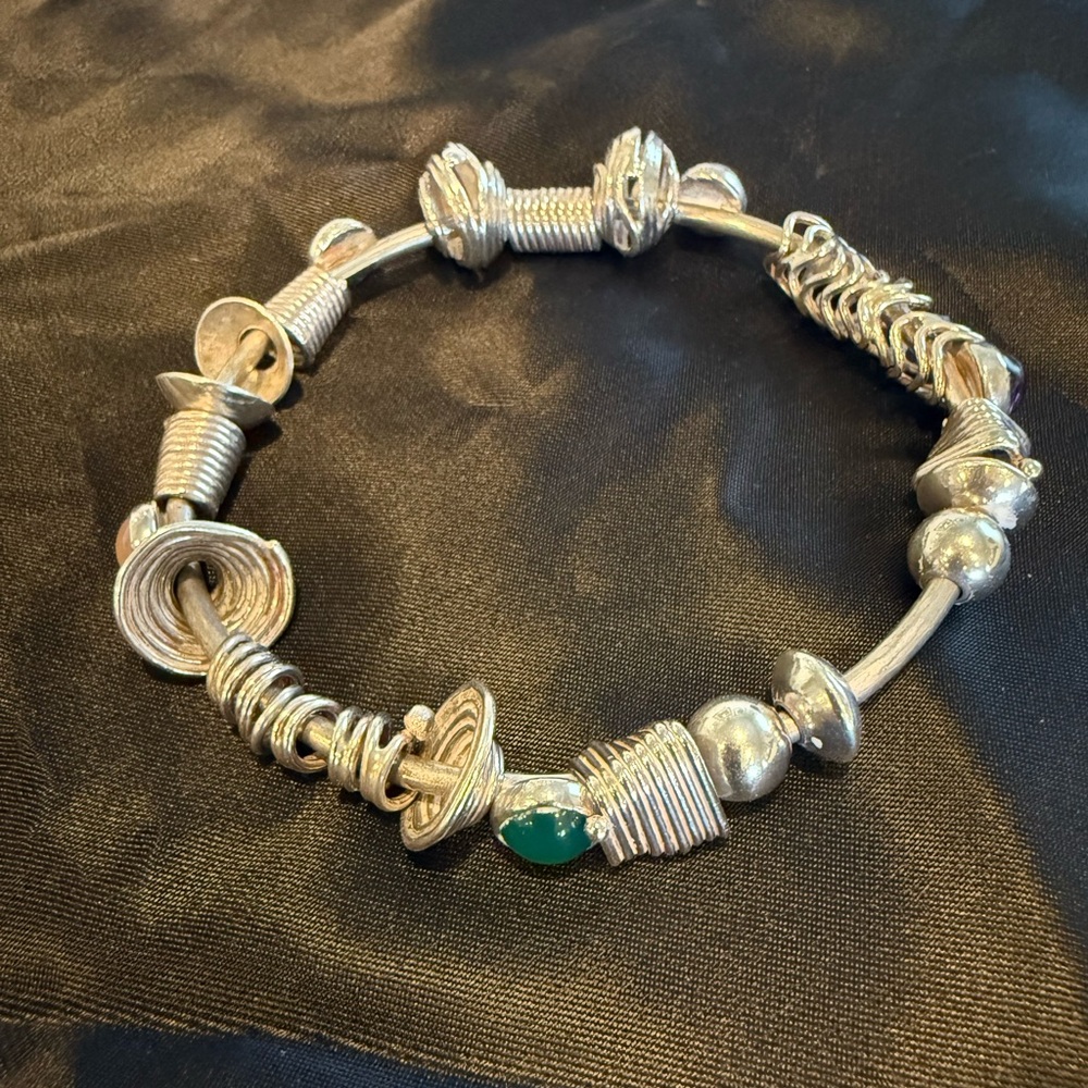 Handcrafted Sterling Silver Bangle Bracelet with Gemstones